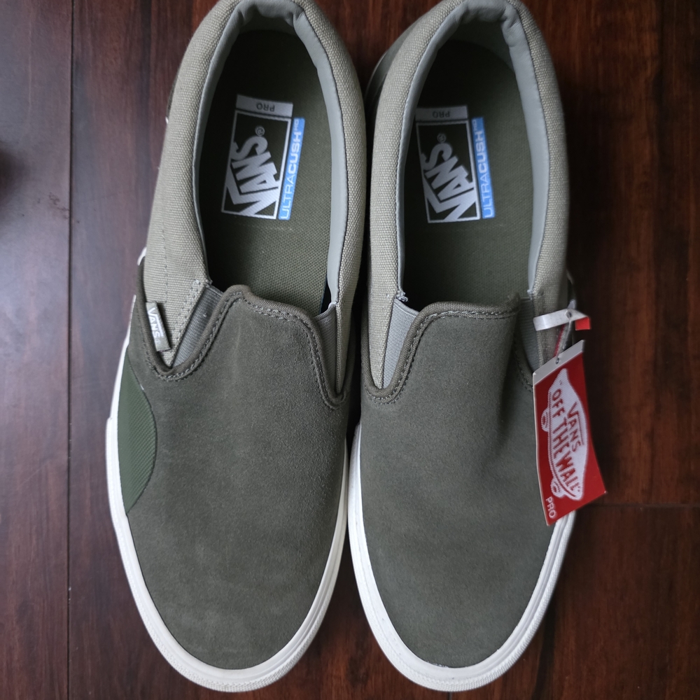 Vans Men’s Slip-On Suede Loafers in Olive Green and White